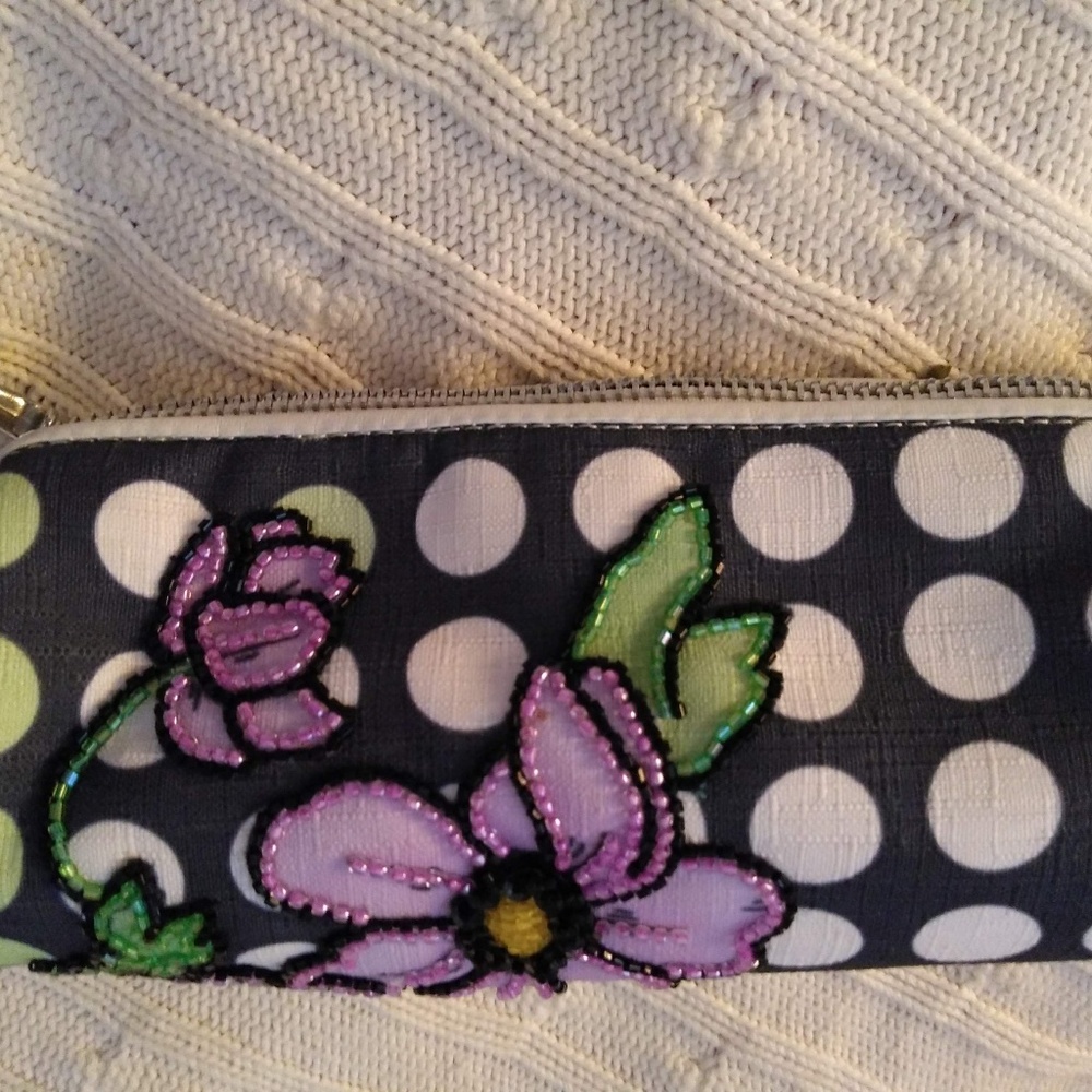 Isabella Fiore barrel wristlet beaded flowers dots